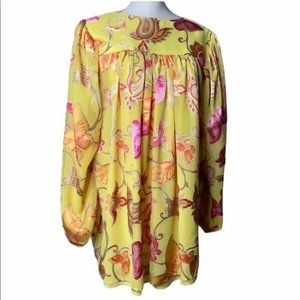 Vintage 60s Paisley & Butterfly Long Sleeve Gathered Yoke Top XL